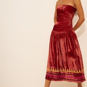Velvet Strapless Midi Dress in Rich Red